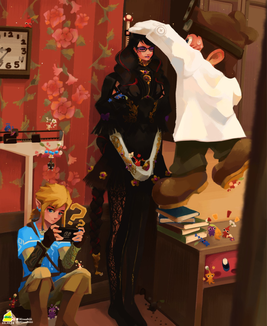 1girl, 2boys, bayonetta, bayonetta_(series), black_hair, blonde_hair, bodysuit, brown_hair, clock, closed_eyes, closed_mouth, dated, dr._mario, dr._mario_(game), english_commentary, glasses, gloves, handheld_game_console, height_difference, highres, hiroshi_(hiiroshiiii), holding, holding_handheld_game_console, indoors, instagram_username, labcoat, link, long_hair, long_sleeves, looking_at_another, looking_at_viewer, mario, measuring, multiple_boys, nintendo_switch, own_hands_together, pikmin_(creature), pikmin_(series), playing_games, short_hair, sitting, standing, super_mario_bros., tall_female, the_legend_of_zelda, the_legend_of_zelda:_breath_of_the_wild, twitter_username, v_arms, very_long_hair, wall_clock