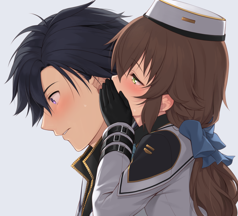 1boy, 1girl, black_gloves, blue_bow, blush, bow, brown_hair, covered_mouth