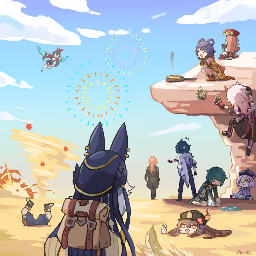 5girls, 6+boys, :d, absurdres, amber_(genshin_impact), arataki_itto, arie_game, backpack