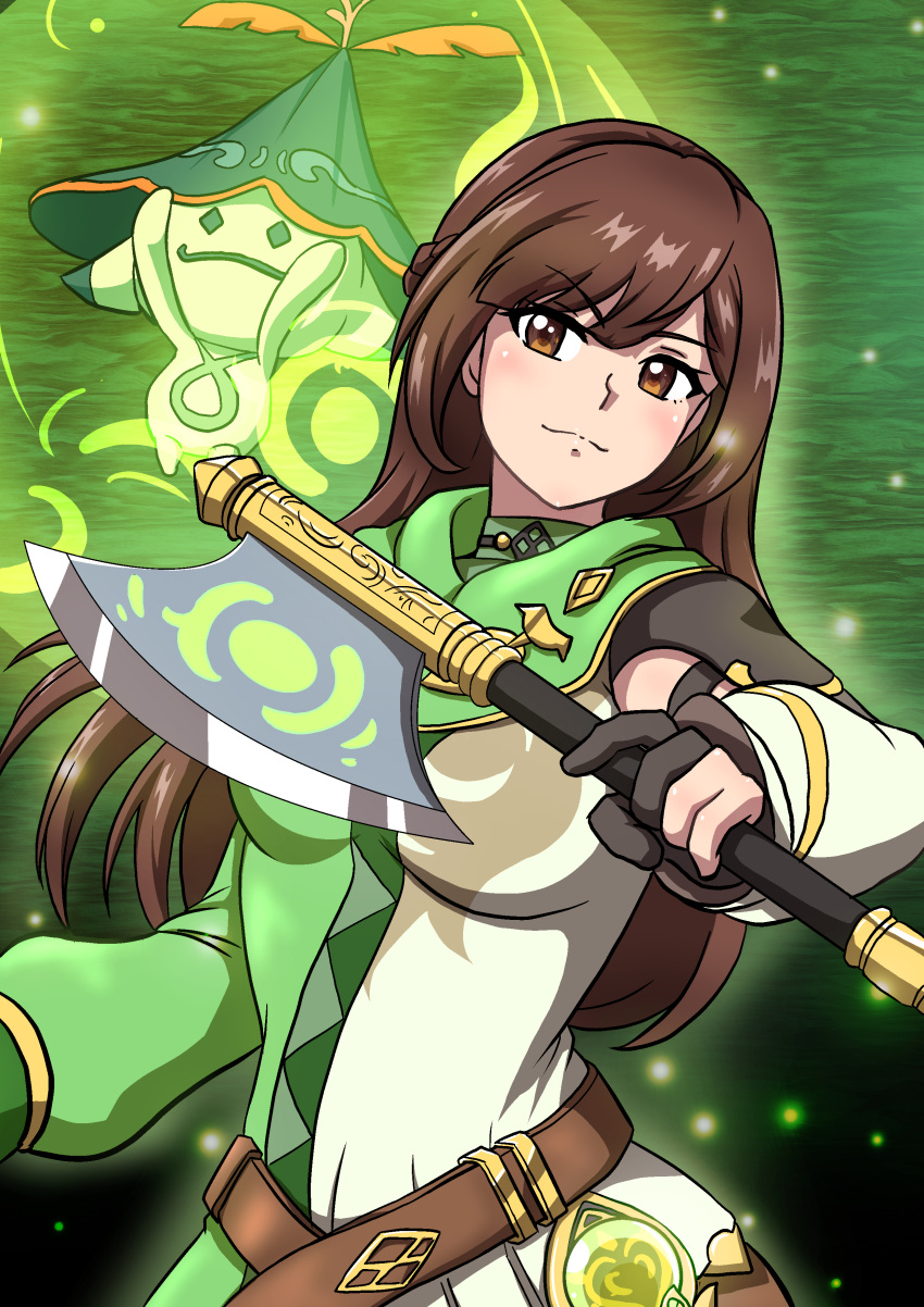 1girl, 2000s_(style), absurdres, aranara_(genshin_impact), atawatsho, axe, bangs, belt