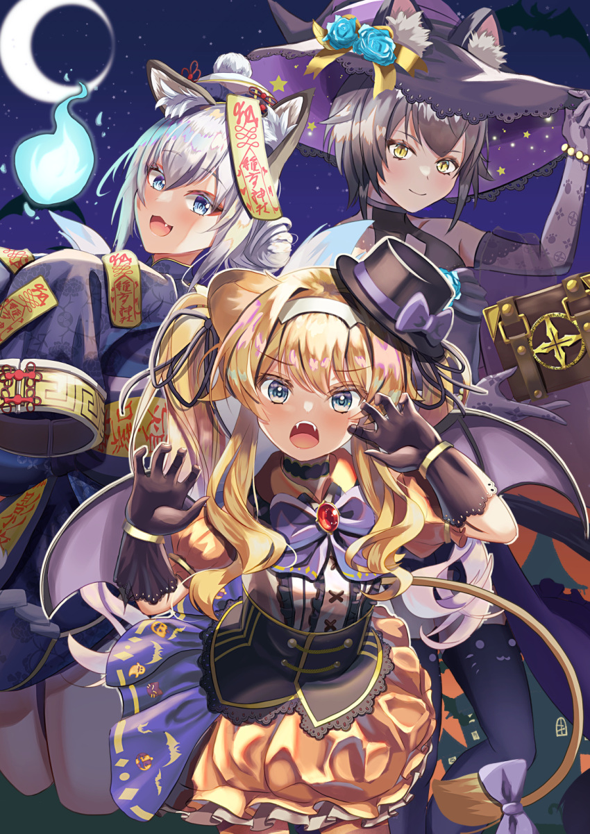 3girls, :3, animal_ear_fluff, animal_ear_legwear, animal_ears, bangs, bat_wings, black_gloves