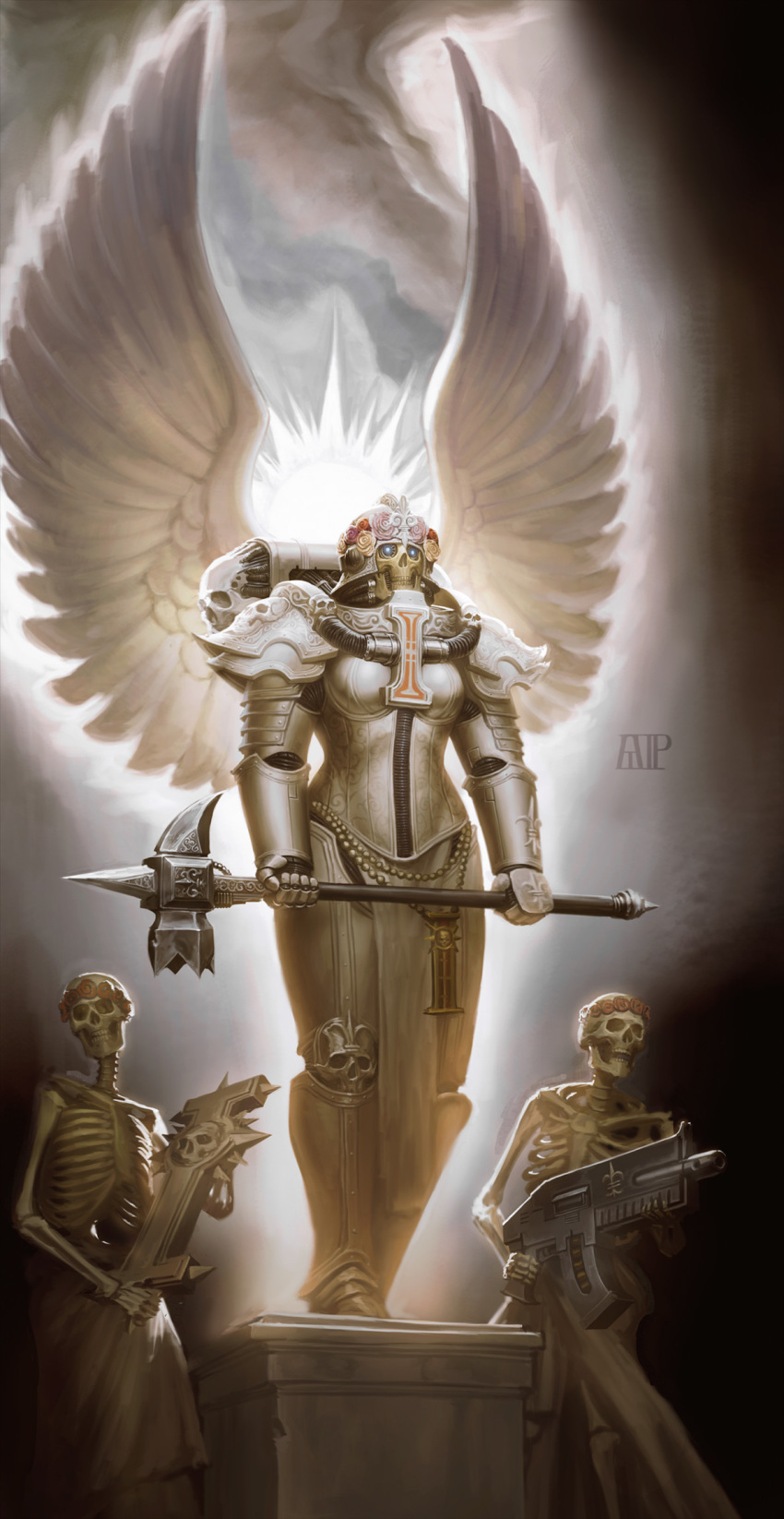 3girls, adepta_sororitas, angel_wings, armor, bolter, elijah_arhpriest, full_armor, gun