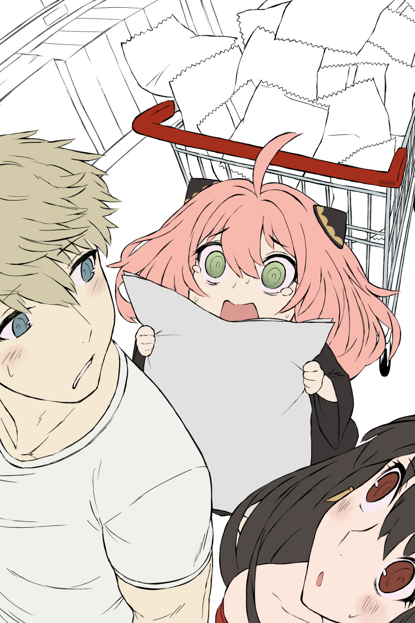 1boy, 2girls, ahoge, anya_(spy_x_family), black_hair, blonde_hair, female_child, green_eyes