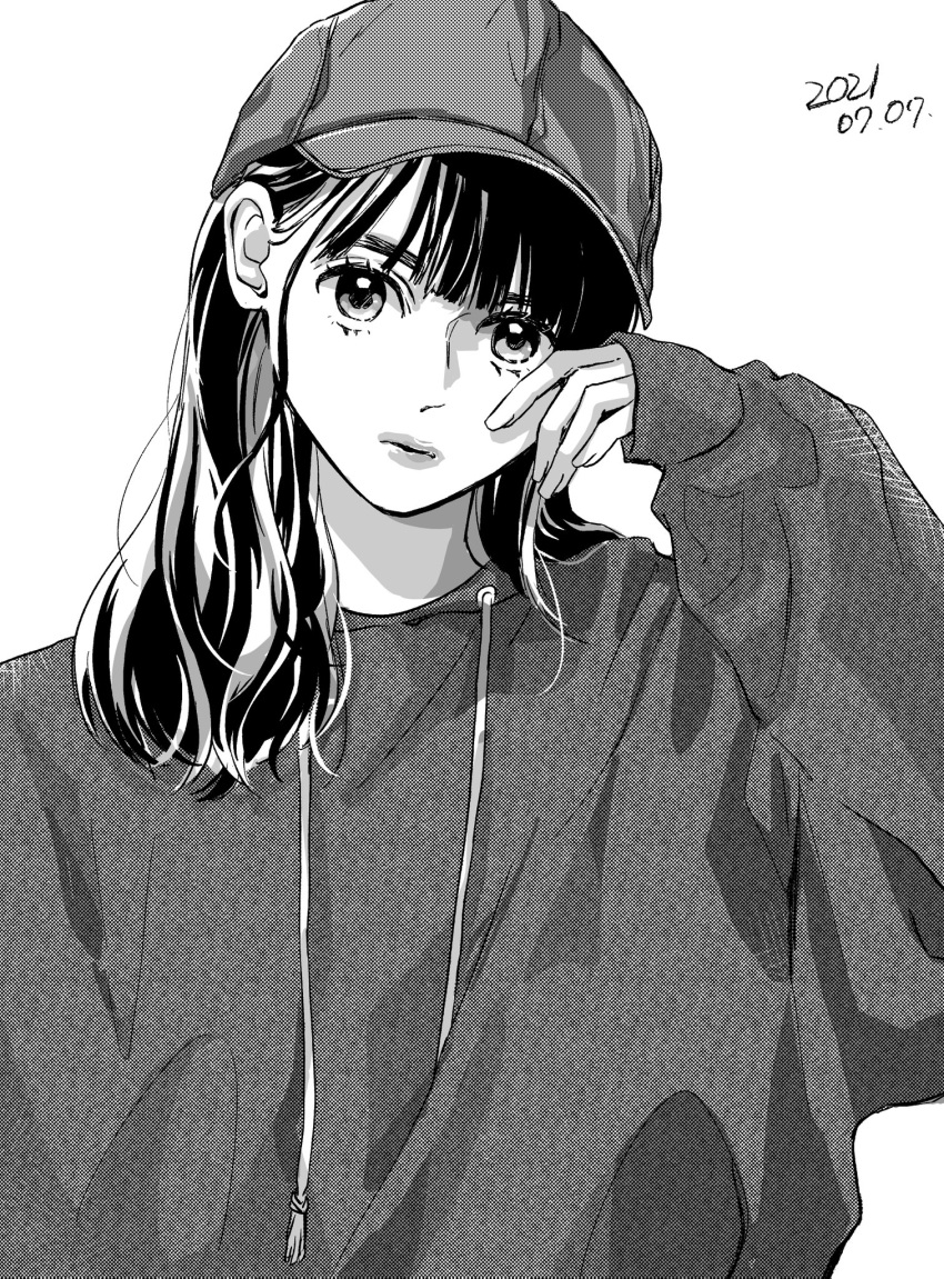 1girl, bangs, baseball_cap, black_eyes, black_hair, dated, grey_hoodie, greyscale