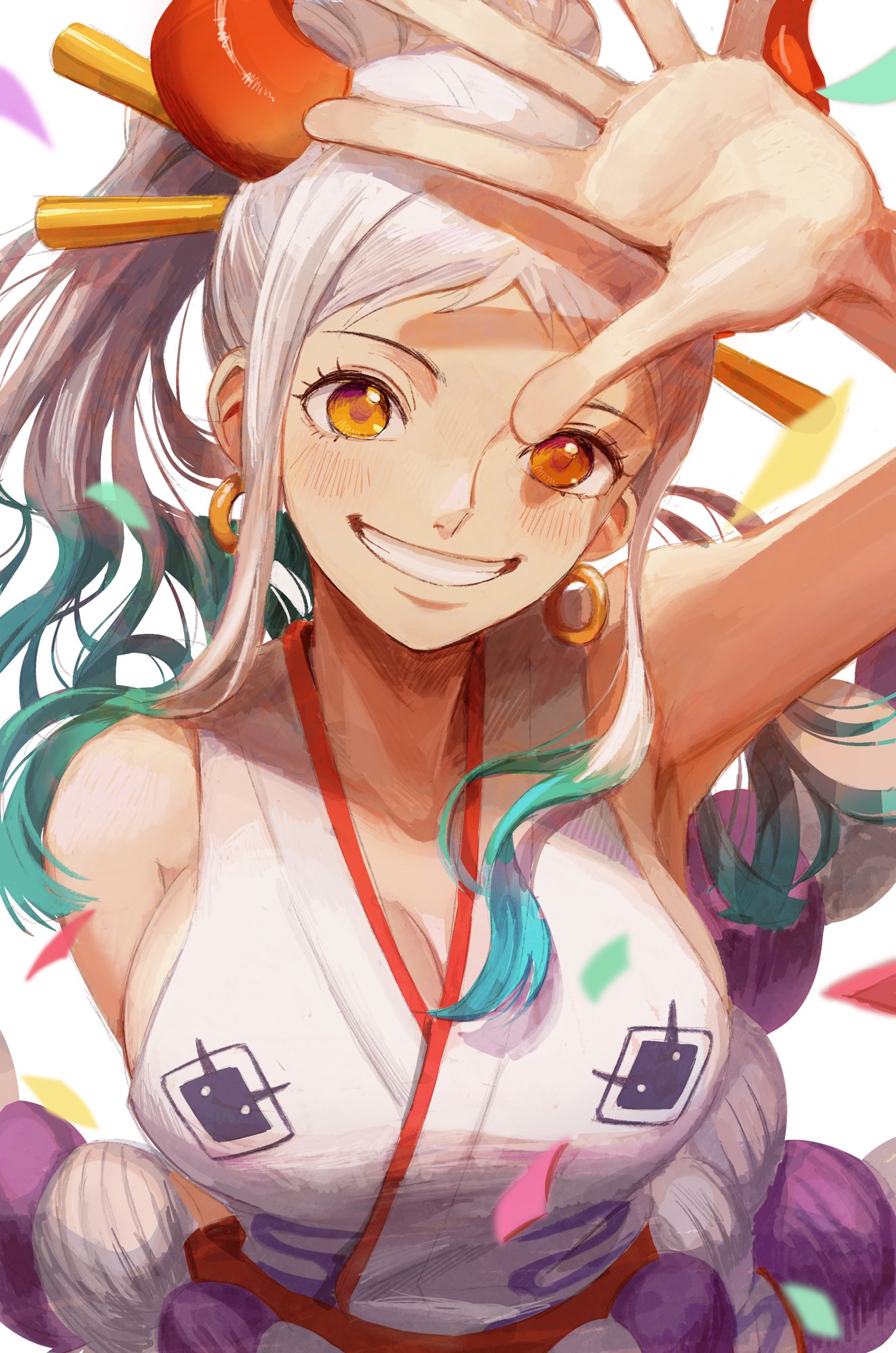 1girl, bare_shoulders, breasts, curled_horns, earrings, green_hair, hair_ornament, hair_stick, highres, horns, japanese_clothes, jewelry, kimono, large_breasts, long_hair, looking_at_viewer, multicolored_hair, multicolored_horns, oekakiboya, one_piece, oni, red_horns, rope, shimenawa, sleeveless, smile, solo, white_hair, yamato_(one_piece)