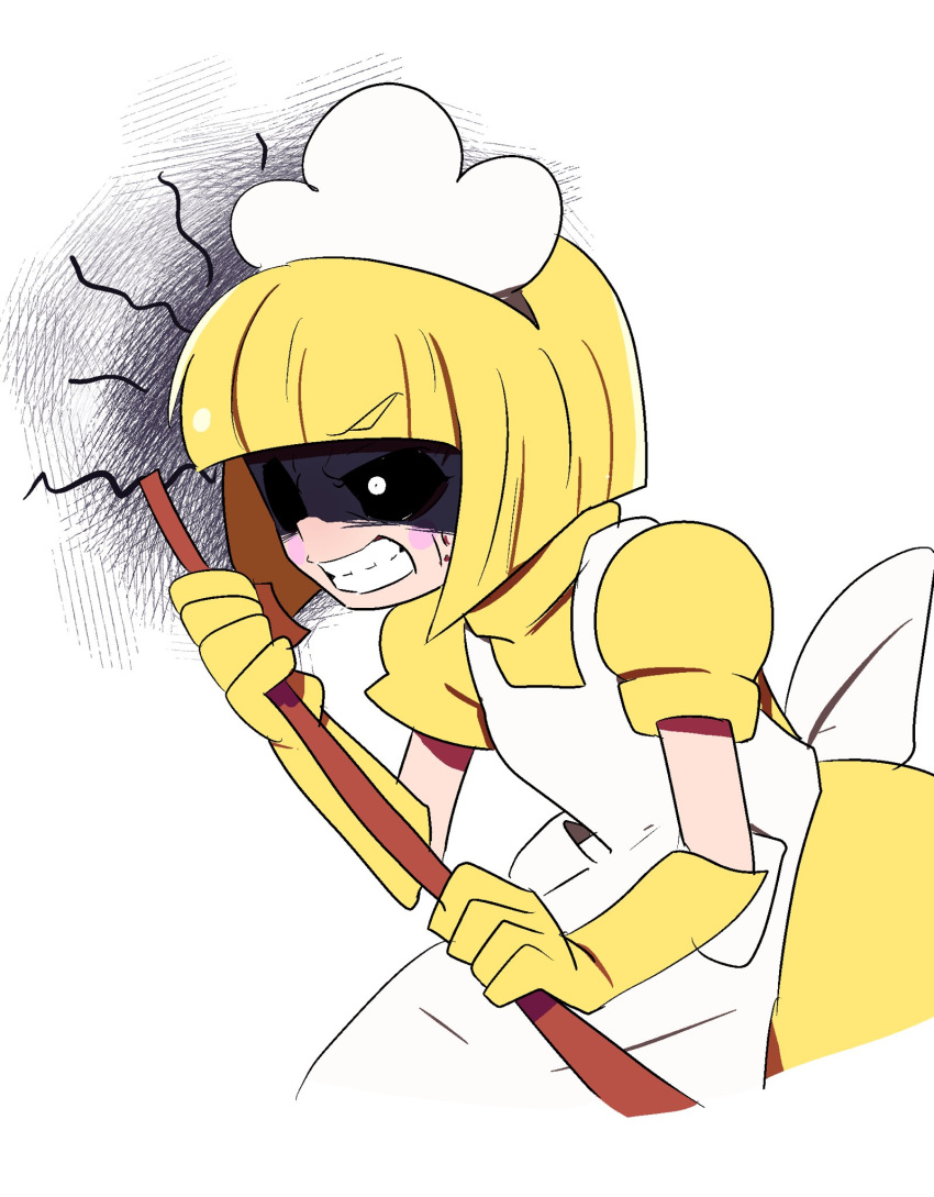 angry, apron, blonde_hair, chicken-rib, doris_1_(warioware), gloves, highres, humanization