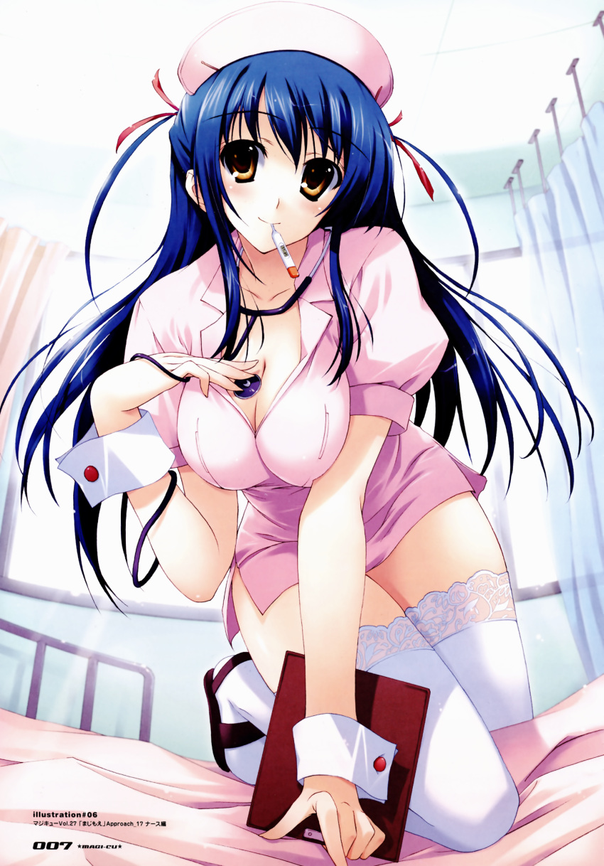 blue_hair, blush, breasts, cleavage, hair_ribbon, highres, large_breasts, long_hair
