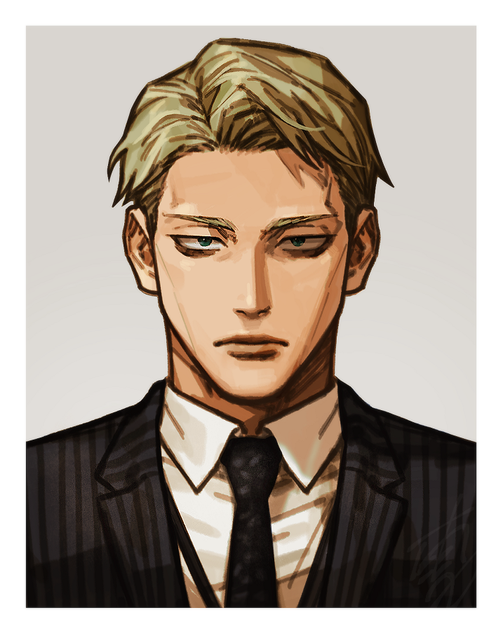 1boy, black_jacket, black_necktie, blonde_hair, blue_eyes, border, collared_shirt, expressionless