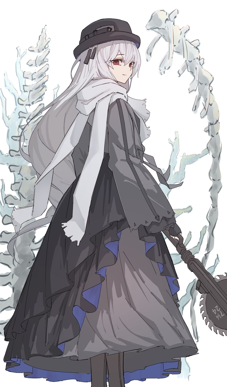 1girl, arknights, black_dress, black_headwear, black_pantyhose, bone, circular_saw, dress