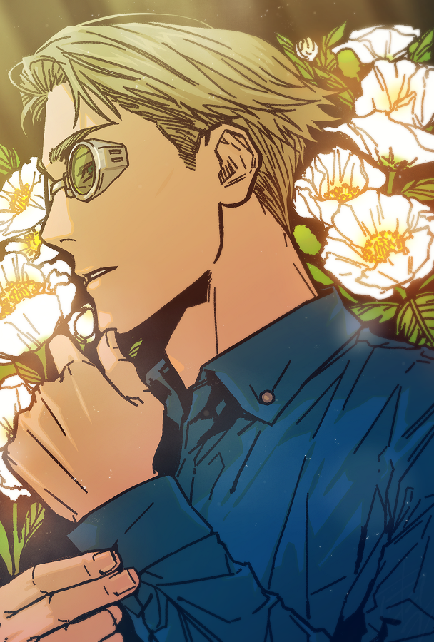 1boy, blonde_hair, blue_eyes, blue_shirt, collared_shirt, flower, goggles, grmms_otk