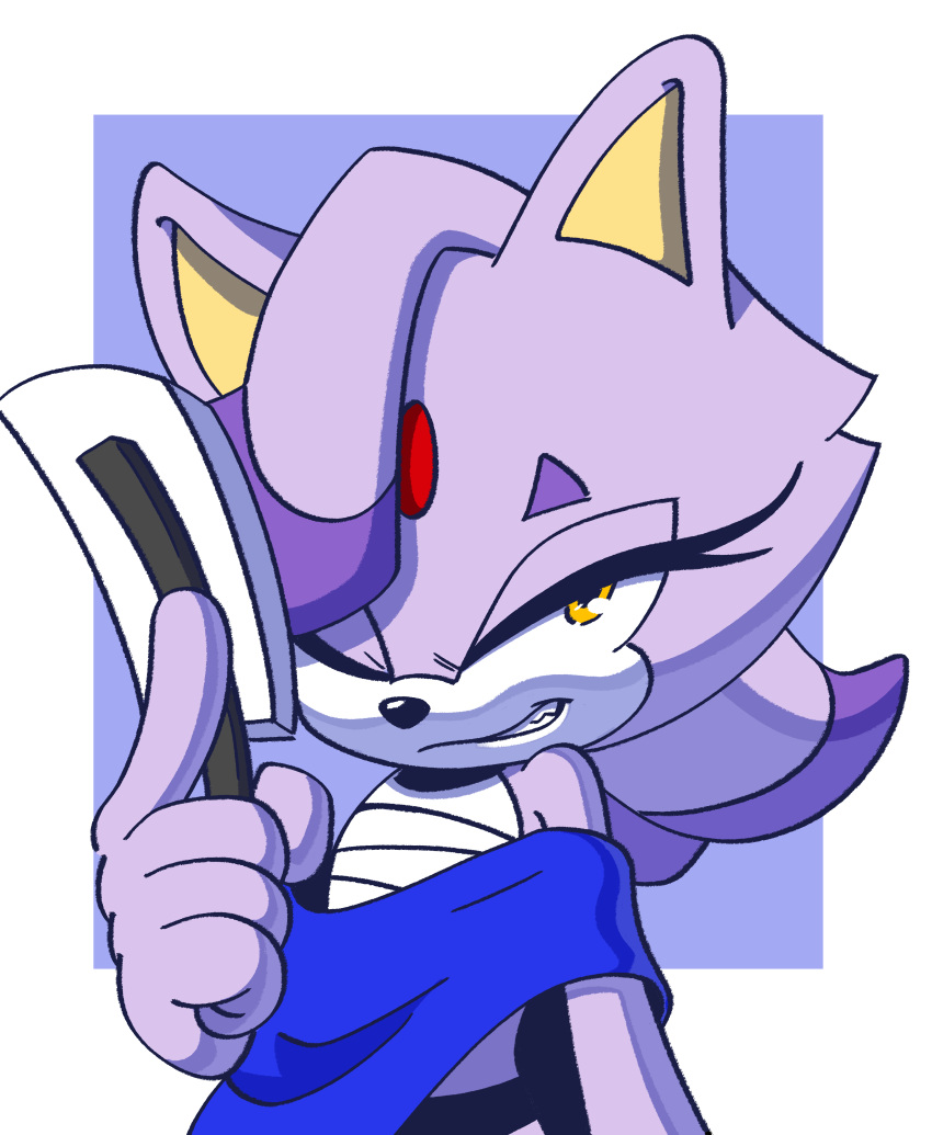 1girl, absurdres, alternate_costume, animal_ears, animal_nose, arm_at_side, bangs, bare_shoulders, blaze_the_cat, blue_background, blue_shawl, body_fur, border, cat_ears, cat_girl, commentary, cosplay, english_commentary, flat_chest, folded_fan, folding_fan, forehead_jewel, furry, furry_female, gem, grin, hagoromo, half-closed_eye, hand_fan, hand_up, happy, highres, holding, holding_fan, looking_at_viewer, medium_hair, multicolored_hair, novika, one_eye_closed, outside_border, purple_fur, purple_hair, red_gemstone, sarashi, shawl, shiver_(splatoon), shiver_(splatoon)_(cosplay), sideways_mouth, simple_background, smile, solo, sonic_(series), splatoon_(series), splatoon_3, standing, teeth, two-tone_fur, two-tone_hair, upper_body, white_border, white_fur, yellow_eyes