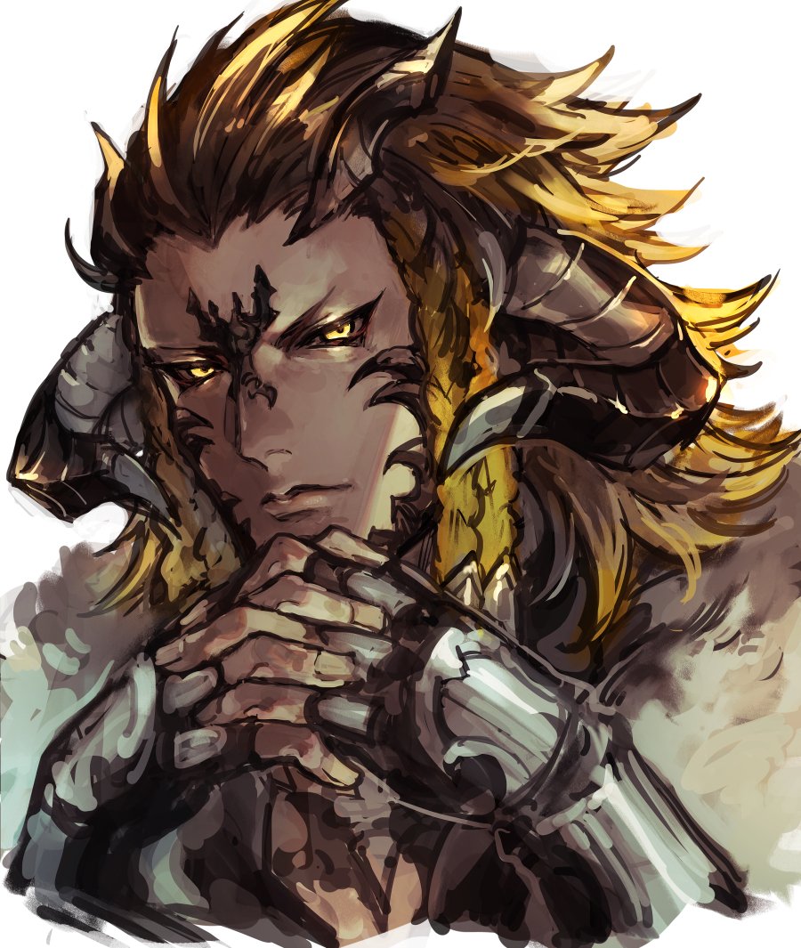 1boy, au_ra, azaya_(kuroi_azaya), black_horns, black_sclera, blonde_hair, braid, brown_hair