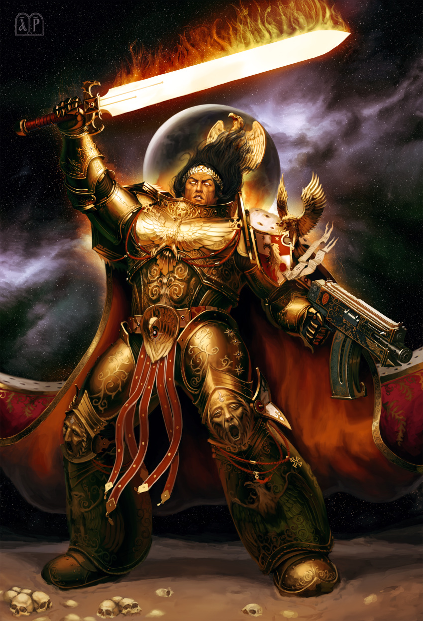 1boy, absurdres, arm_up, armor, black_hair, bolter, cape, commentary, dual_wielding, elijah_arhpriest, emperor_of_mankind, english_commentary, flaming_sword, flaming_weapon, full_armor, full_body, glowing, glowing_eyes, gun, highres, holding, laurel_crown, male_focus, planet, red_cape, skull, solo, space, warhammer_40k, watermark, weapon
