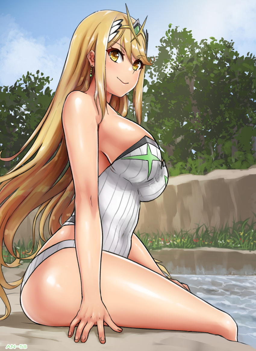 1girl, angoha, arm_support, bare_shoulders, blonde_hair, breasts, earrings, gem