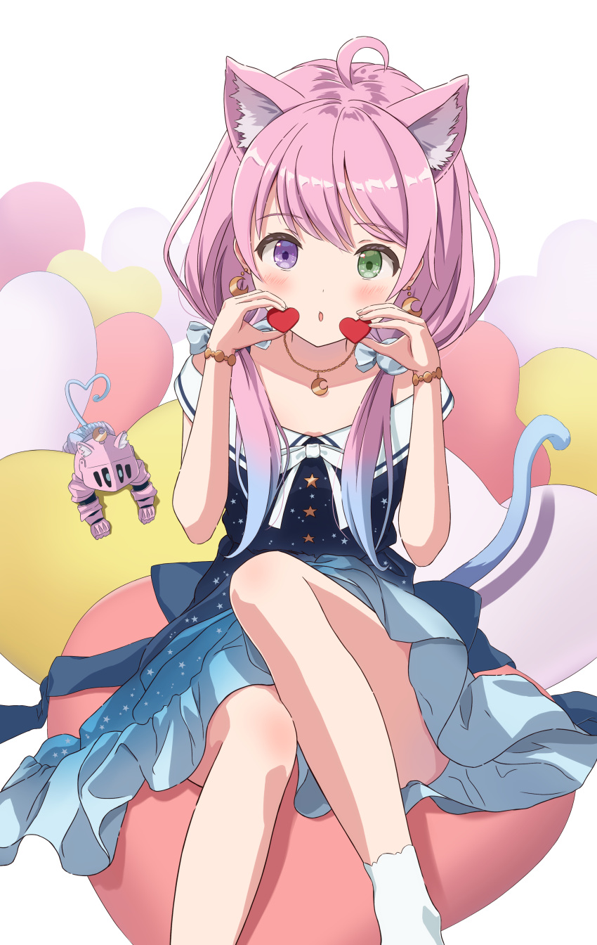1girl, :o, absurdres, ahoge, animal_ear_fluff, animal_ears, blue_dress, blush, cat_ears, cat_girl, cat_tail, crescent, crescent_earrings, crescent_necklace, dress, earrings, gradient_hair, green_eyes, heterochromia, highres, himemori_luna, hololive, jewelry, long_hair, looking_at_viewer, low_twintails, luknight_(himemori_luna), medium_dress, multicolored_hair, necklace, off-shoulder_dress, off_shoulder, open_mouth, pink_hair, pleio, print_dress, purple_hair, revision, sailor_collar, sailor_dress, sitting, socks, solo, star_(symbol), star_print, tail, twintails, violet_eyes, virtual_youtuber, white_sailor_collar, white_socks