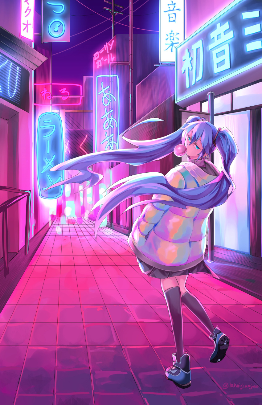 1girl, absurdres, aqua_eyes, aqua_hair, bangs, black_skirt, black_socks, blue_footwear, chewing_gum, coat, from_behind, glowing, hands_in_pockets, hatsune_miku, highres, hood, hood_down, iridescent, lahaijiaojiao, long_hair, looking_at_viewer, looking_back, outdoors, pleated_skirt, shoes, skirt, socks, solo, tile_floor, tiles, twintails, very_long_hair, vocaloid