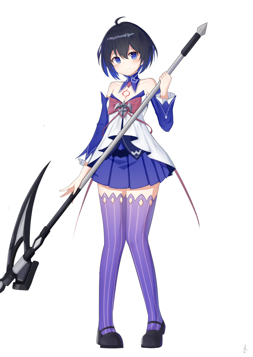 1girl, absurdres, ahoge, bangs, bare_shoulders, black_footwear, blue_eyes, blue_hair, bob_cut, closed_mouth, dress, full_body, highres, holding, holding_scythe, holding_weapon, honkai_(series), honkai_impact_3rd, long_hair, looking_at_viewer, lrichle, purple_sleeves, purple_thighhighs, scythe, seele_vollerei, seele_vollerei_(swallowtail_phantasm), short_hair, simple_background, smile, solo, tattoo, thigh-highs, weapon, white_background, white_dress