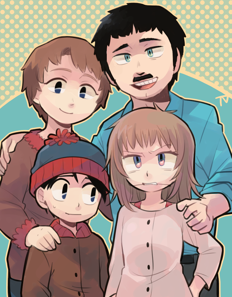 arm_around_shoulder, beanie, black_hair, blue_eyes, braces, brother_and_sister, brown_hair, facial_hair