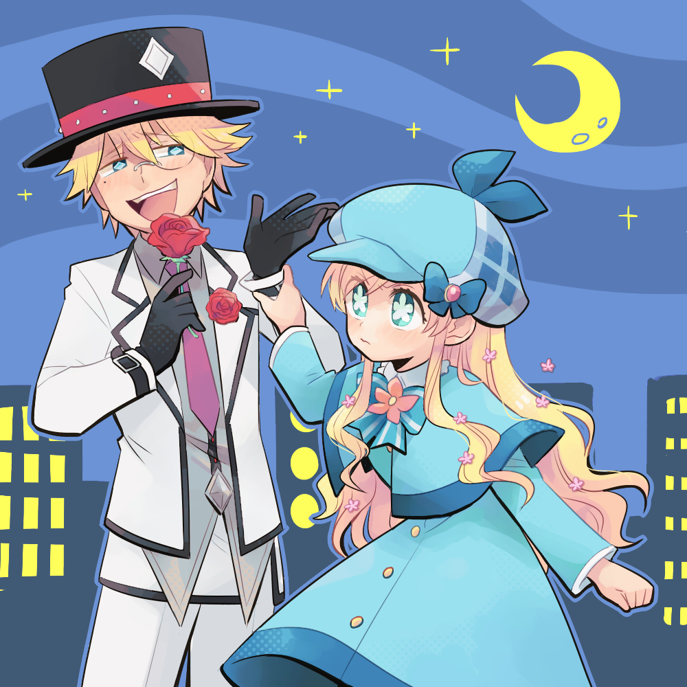 1boy, 1girl, black_gloves, blonde_hair, blue_capelet, blue_dress, blue_eyes, blue_headwear