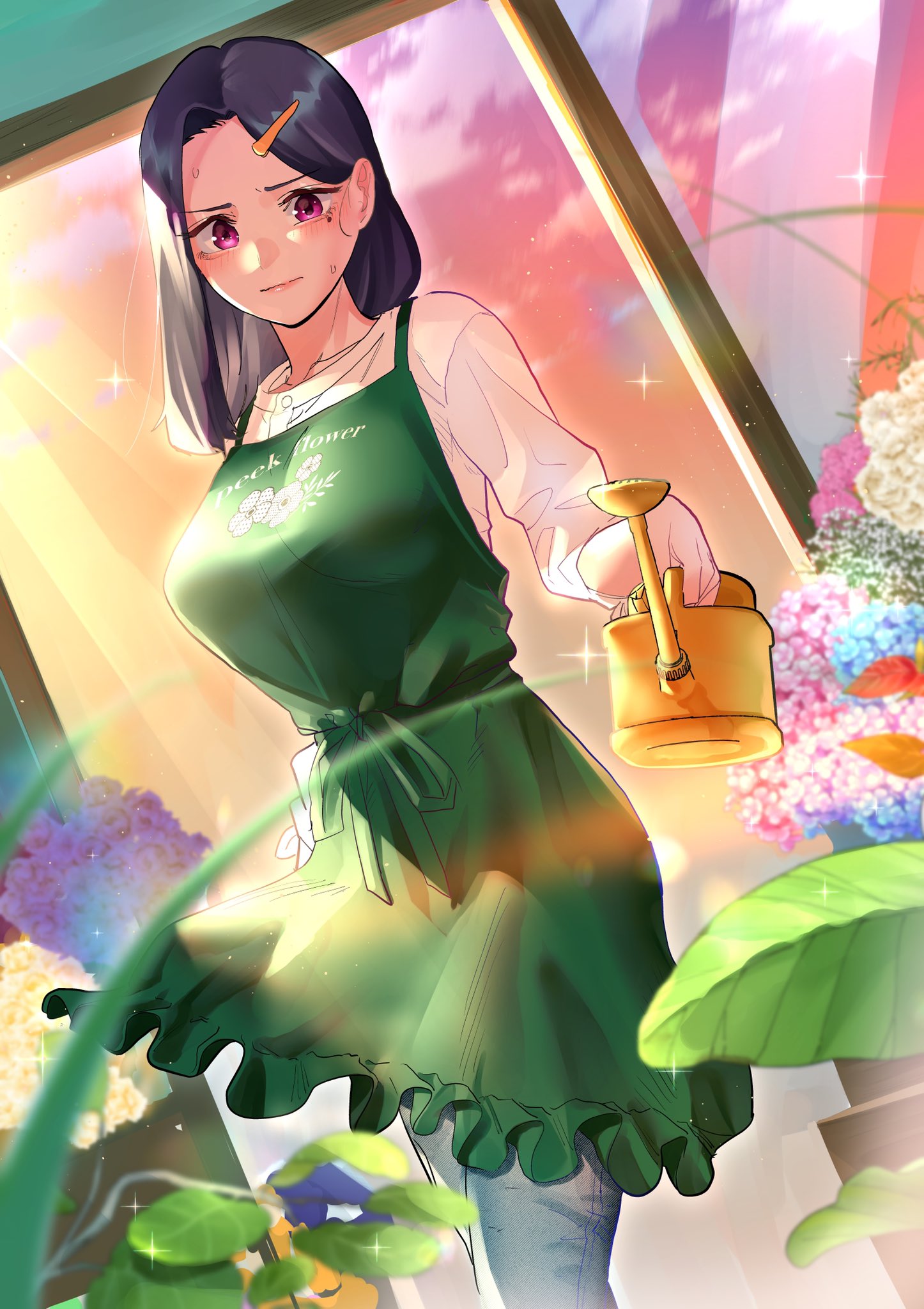 1girl, akino_sayuri, apron, black_hair, blue_flower, blush, breasts, denim