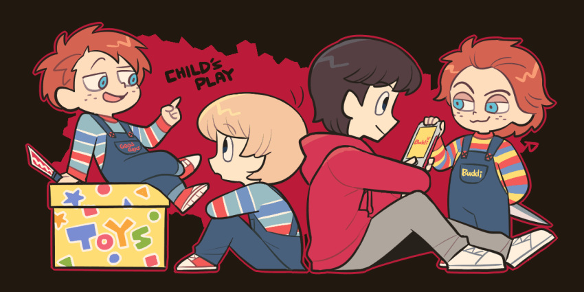 4boys, andy_barclay, arm_behind_back, blue_eyes, blue_overalls, box, brown_hair, cellphone