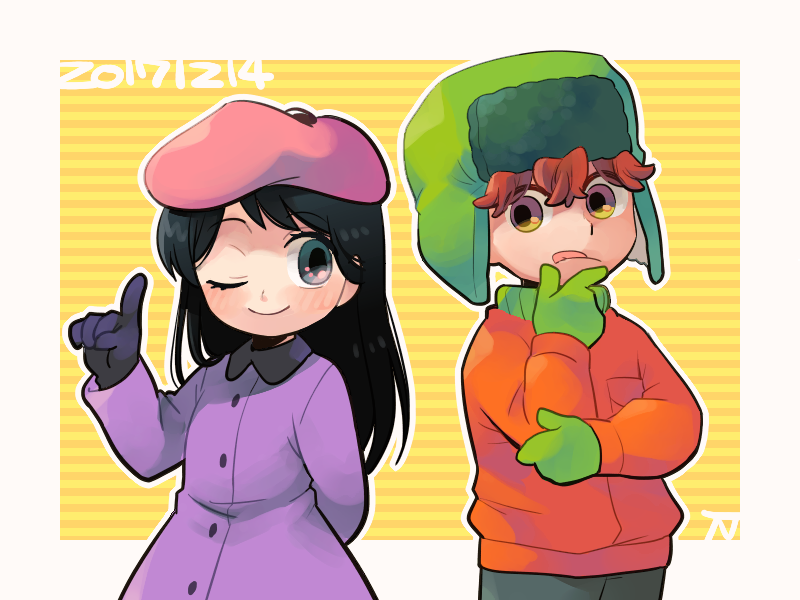 1boy, 1girl, arm_behind_back, beret, black_eyes, black_hair, brown_eyes, coat