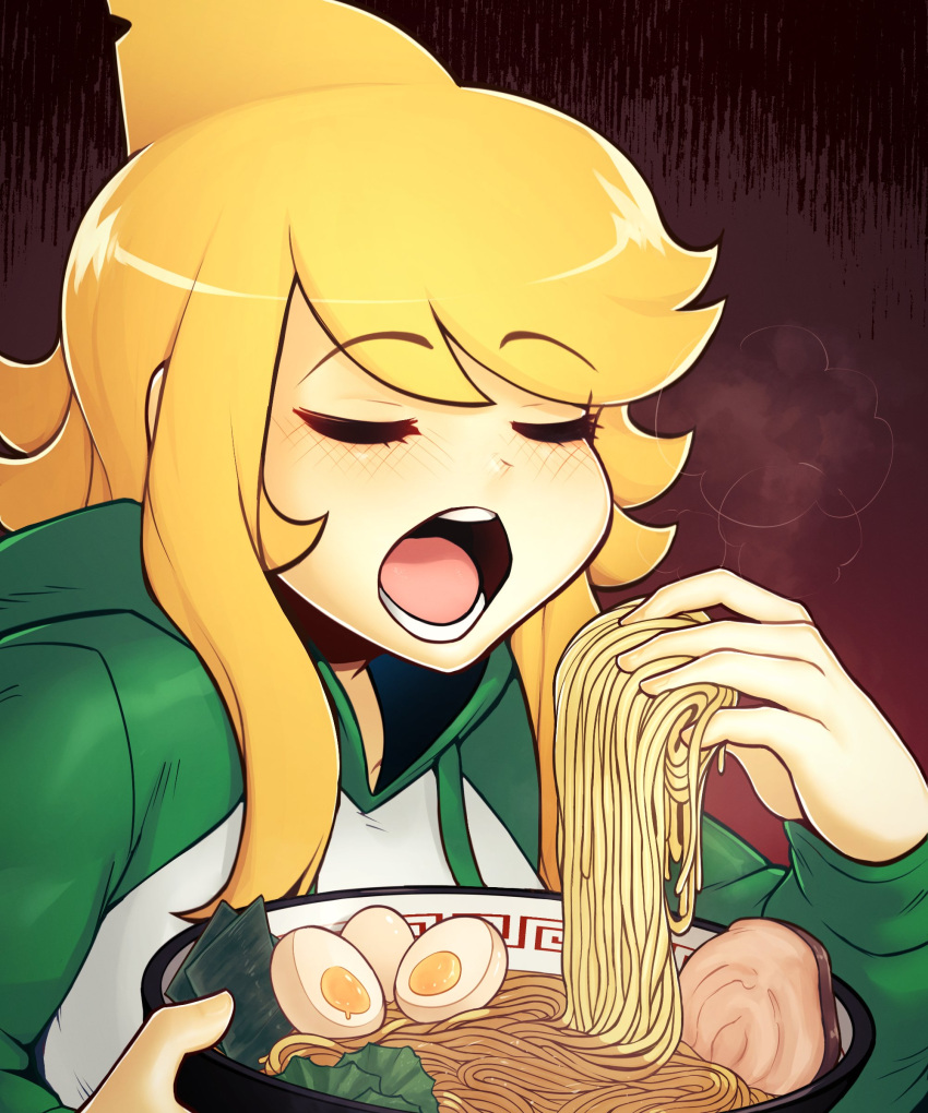 1girl, absurdres, ai_drawing_anime_characters_eating_ramen_(meme), apricot_(d-floe), blonde_hair, bowl, closed_eyes, d-floe