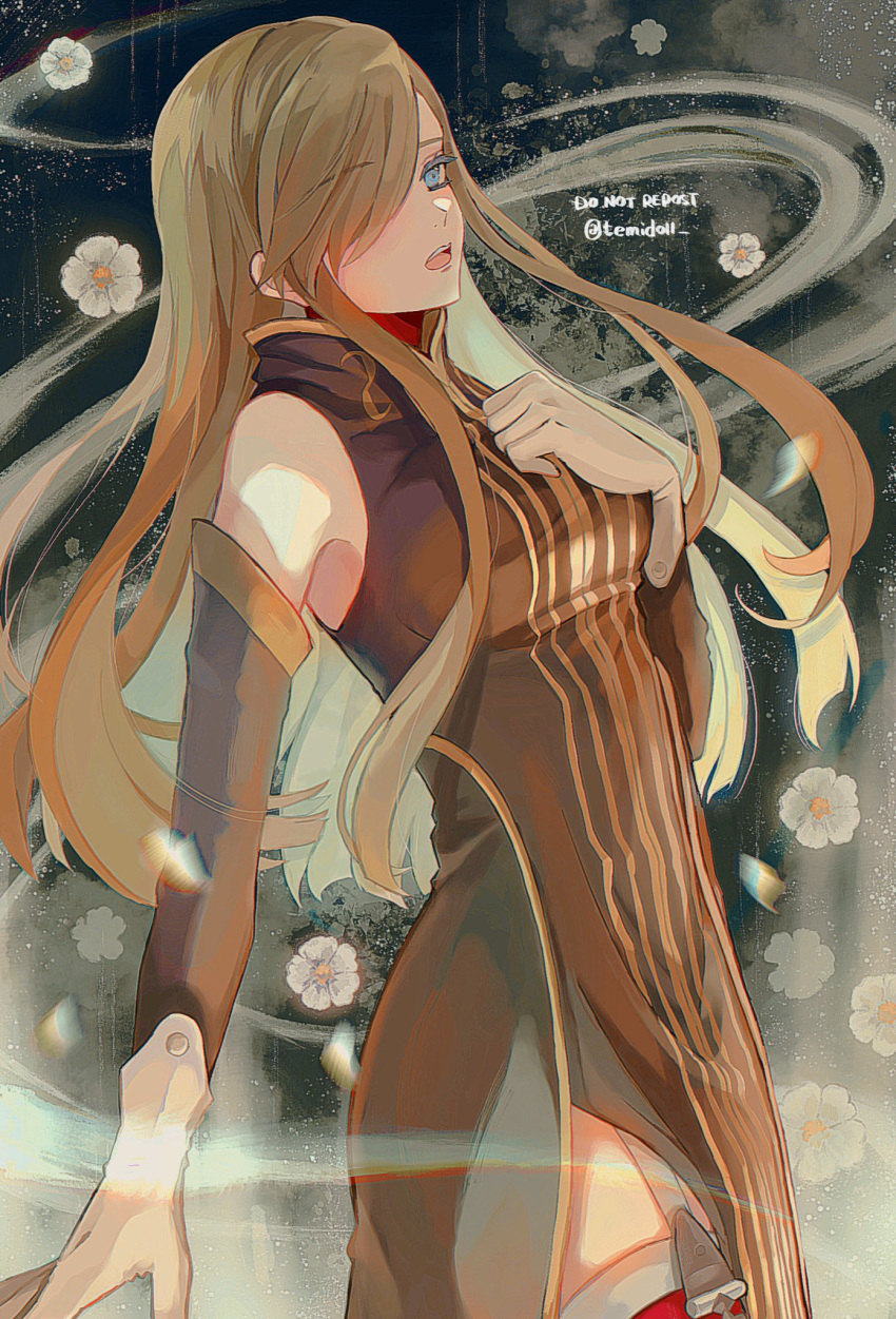 1girl, arm_at_side, bare_shoulders, black_dress, blue_eyes, breasts, brown_hair, cowboy_shot, detached_sleeves, dress, flower, garter_straps, gloves, hair_over_one_eye, hand_on_own_chest, high_collar, highres, long_dress, long_hair, looking_to_the_side, medium_breasts, one_eye_covered, open_mouth, pelvic_curtain, red_thighhighs, sidelocks, sleeveless, sleeveless_dress, solo, straight_hair, tales_of_(series), tales_of_the_abyss, tear_grants, teeth, temidoll, thigh-highs, twitter_username, upper_teeth, white_flower, white_gloves