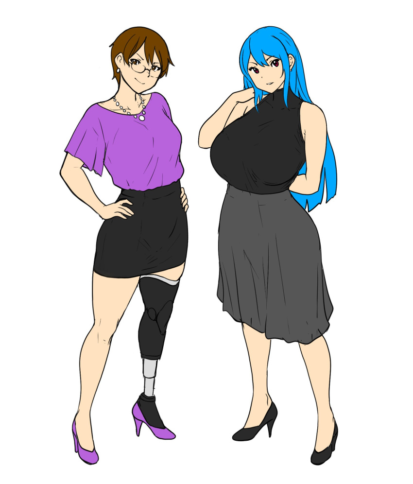 2girls, arm_behind_back, ayumi_(erkaz), bangs, black_footwear, black_shirt, black_skirt, blue_hair