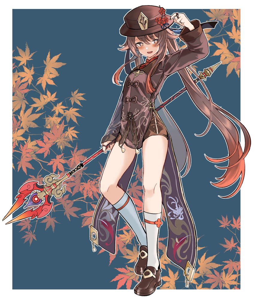 1girl, absurdres, bangs, blush, brown_hair, brown_headwear, flower, flower-shaped_pupils, full_body, genshin_impact, gradient_hair, hair_between_eyes, hako_reeema, hat, hat_flower, highres, holding, holding_polearm, holding_weapon, hu_tao_(genshin_impact), kneehighs, long_hair, long_sleeves, low_twintails, multicolored_hair, open_mouth, polearm, red_eyes, red_flower, redhead, shoes, short_shorts, shorts, sidelocks, simple_background, socks, solo, spear, staff_of_homa_(genshin_impact), symbol-shaped_pupils, twintails, very_long_hair, weapon, white_socks