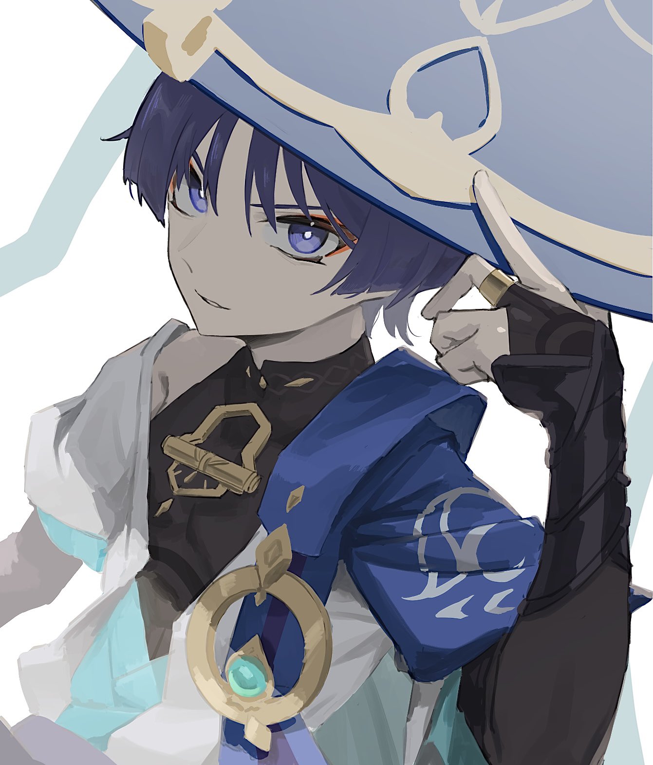 1boy, armor, bangs, black_hair, blue_eyes, blue_headwear, eyeshadow, genshin_impact