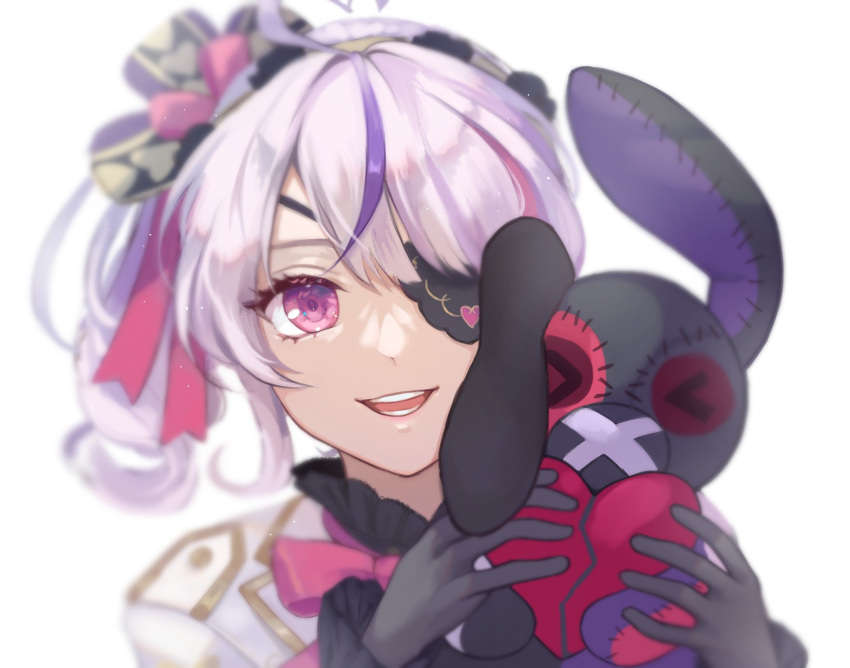 1girl, 39daph, bangs, black_gloves, blurry, blurry_background, bow, eyepatch