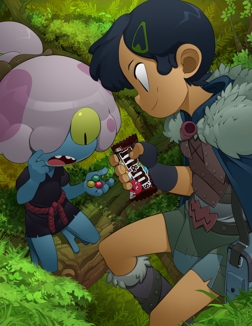 2girls, amphibia, black_gloves, black_hair, bleedman, blue_skin, boots, candy, cape, chocolate, colored_sclera, colored_skin, fingerless_gloves, food, fur-trimmed_boots, fur_trim, gloves, hair_ornament, hairclip, highres, leaf, m&amp;m's, maddie_flour, marcy_wu, multiple_girls, open_mouth, patch, plant, profile, shadow, short_hair, skirt, sweets, yellow_sclera