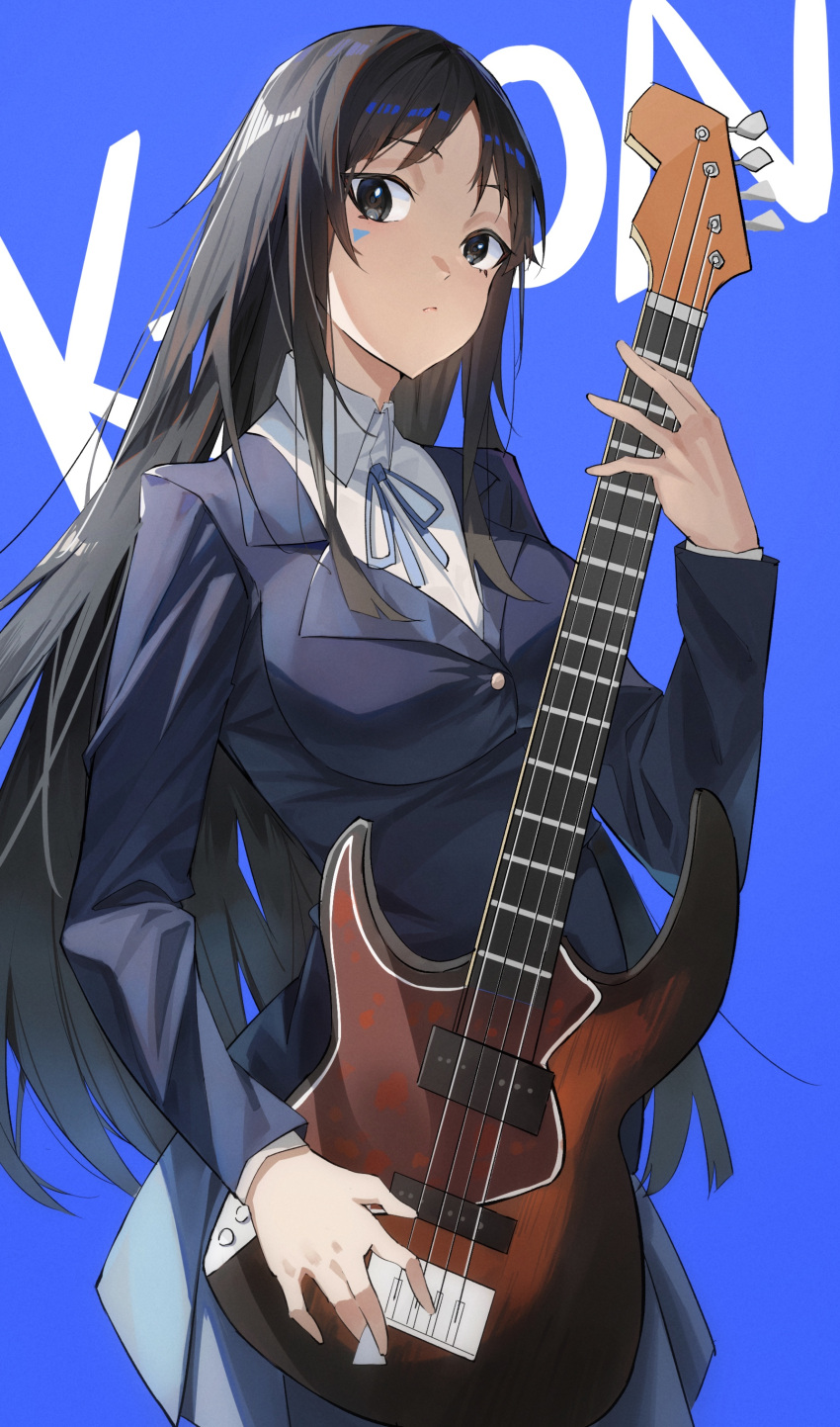1girl, absurdres, akiyama_mio, bangs, bass_guitar, black_eyes, black_hair, blazer, blue_background, blue_ribbon, buttons, collared_shirt, commentary, copyright_name, grey_skirt, highres, holding, holding_instrument, instrument, jacket, k-on!, long_hair, long_sleeves, looking_at_viewer, neck_ribbon, pleated_skirt, ribbon, sakuragaoka_high_school_uniform, school_uniform, shirt, sidelocks, simple_background, skirt, solo, soranoki, white_shirt