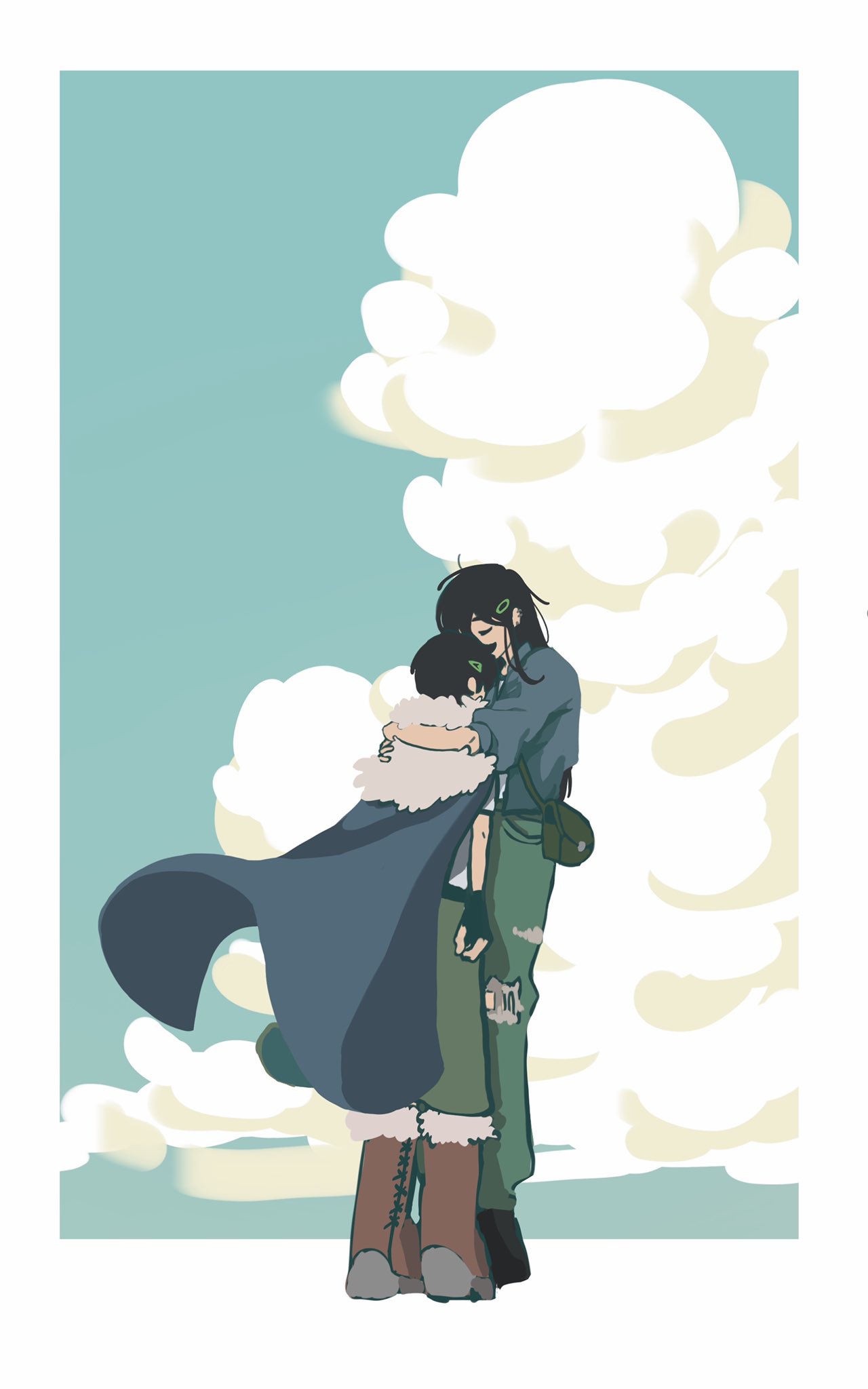 2girls, age_comparison, amphibia, black_hair, blue_shirt, boots, border, brown_footwear