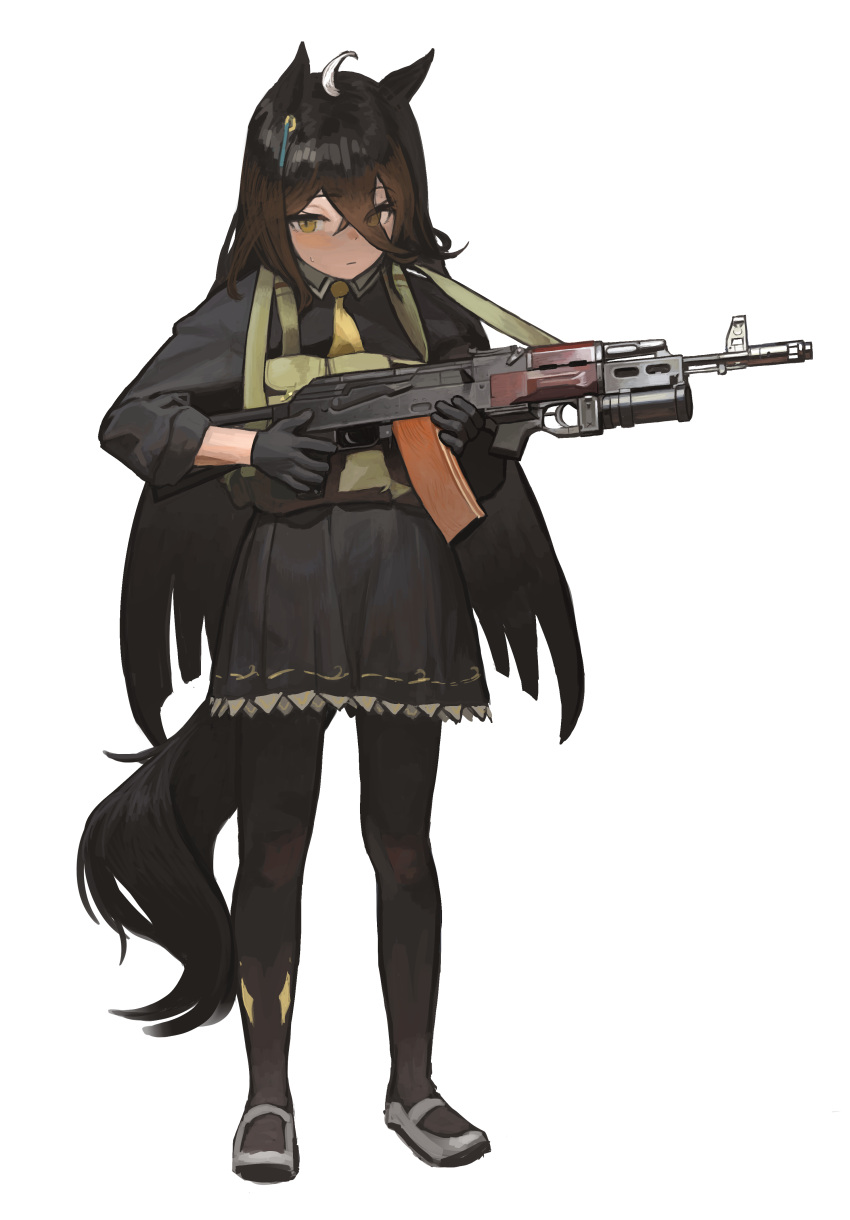 1girl, absurdres, ahoge, animal_ears, assault_rifle, bangs, black_gloves, black_hair