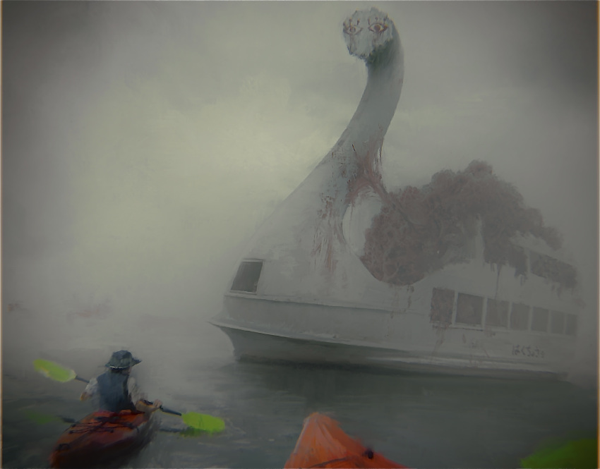 absurdres, ambiguous_gender, black_headwear, black_vest, boat, fog, from_behind, hat