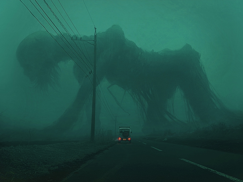 absurdres, fog, giant, giant_monster, ground_vehicle, highres, horror_(theme), kakesoba, monster, motor_vehicle, no_humans, original, power_lines, road, van, wide_shot