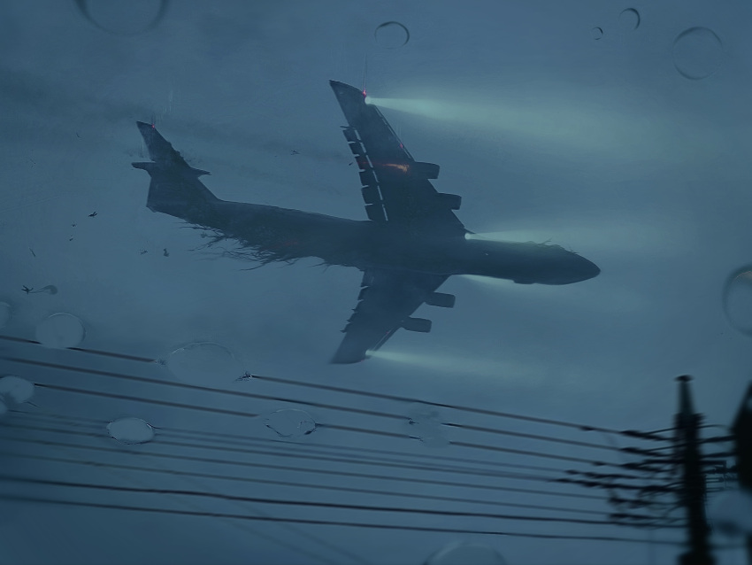 absurdres, aircraft, airplane, blue_theme, debris, falling, fire, fog