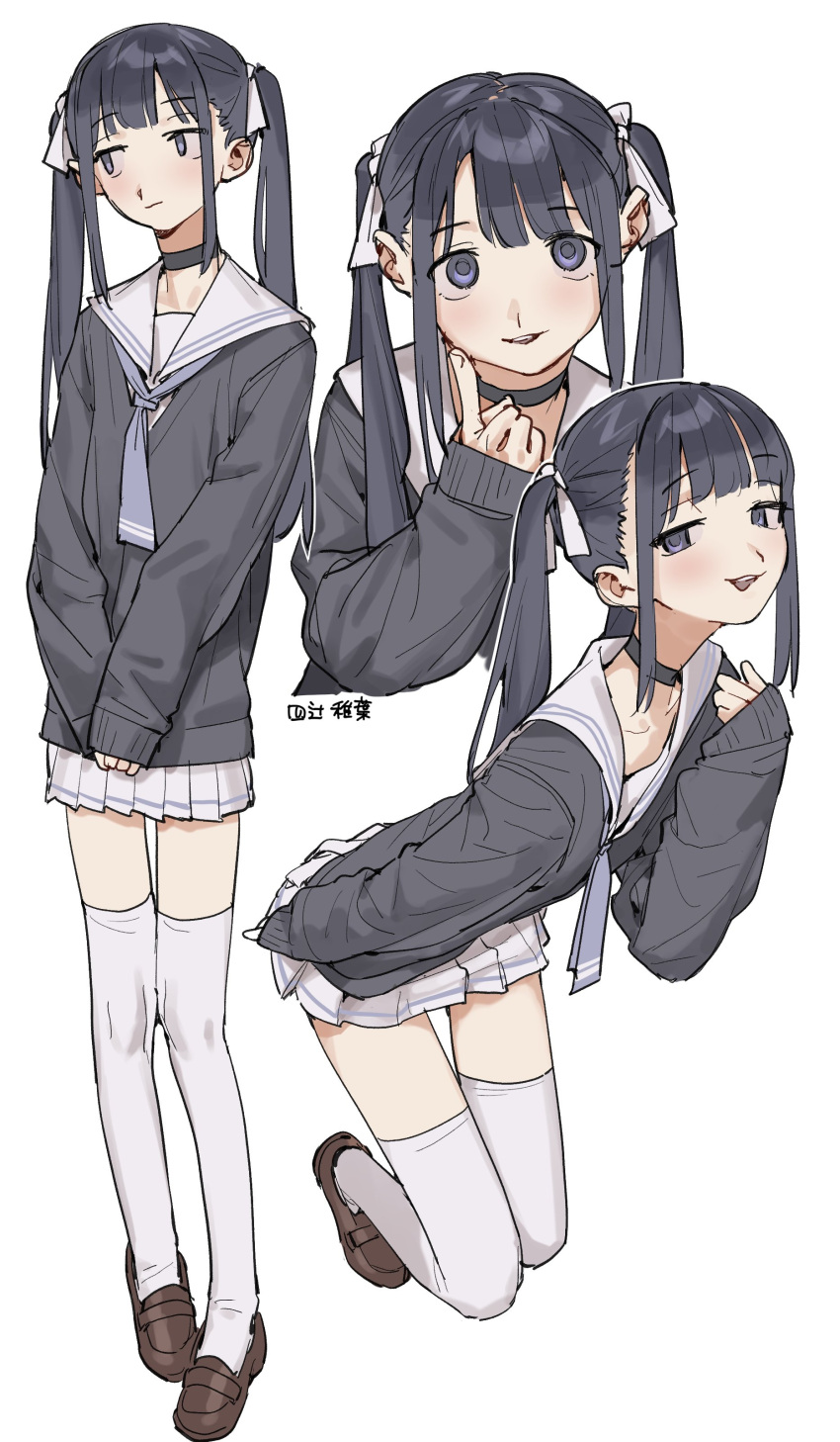 1girl, absurdres, bangs, black_choker, black_eyes, black_hair, blue_neckerchief, brown_footwear, choker, collarbone, hair_ribbon, hand_up, highres, long_sleeves, looking_at_viewer, multiple_views, neckerchief, original, pleated_skirt, ribbon, roivas, sailor_collar, simple_background, skirt, sleeves_past_wrists, smile, teeth, thigh-highs, twintails, white_background, white_ribbon, white_sailor_collar, white_skirt, white_thighhighs