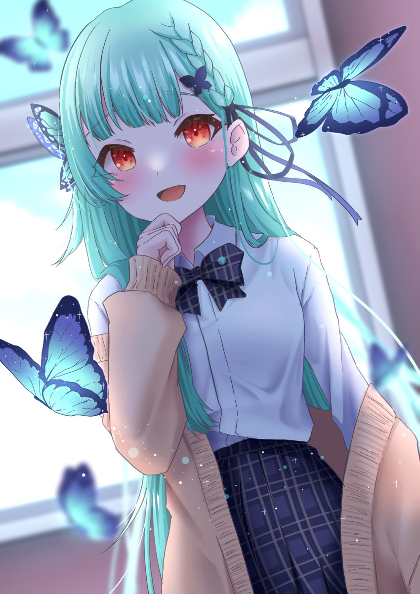 1girl, aqua_hair, blue_butterfly, blurry, blurry_background, blush, bow, braid