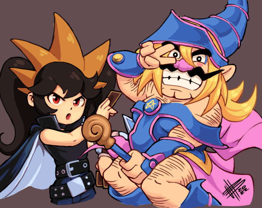 1boy, 1girl, alternate_costume, arm_hair, arm_up, artist_name, ashley_(warioware), bangs