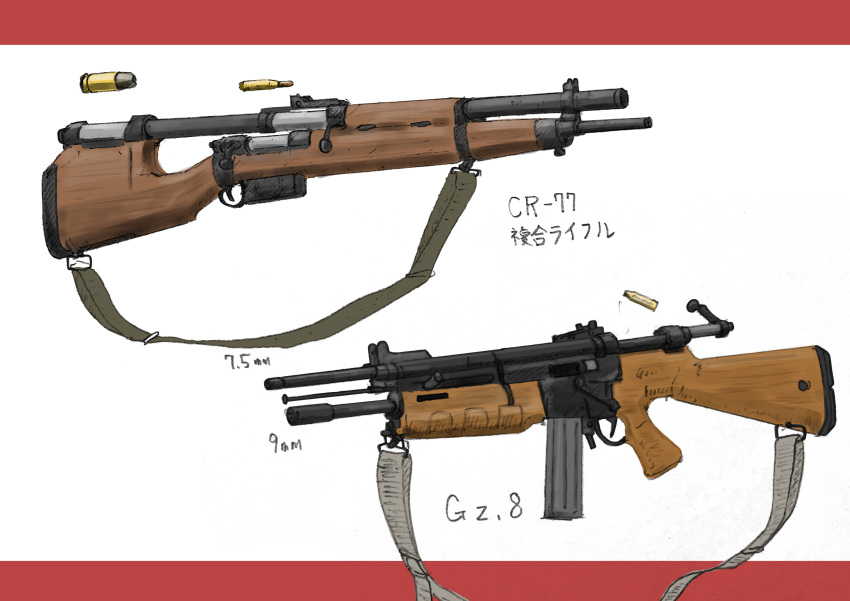 absurdres, assault_rifle, bolt_action, bullet, gun, highres, no_humans, original, red_background, rifle, shell_casing, shirasagi-shi, simple_background, two-tone_background, weapon, white_background