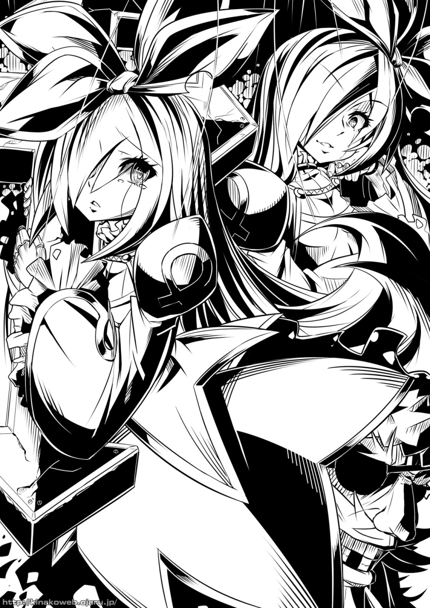 1boy, 2girls, antonio_(ragnarok_online), bangs, bow, celine_kimi, commentary_request, cowboy_shot, dress, dual_persona, eyepatch, greyscale, grin, hair_between_eyes, hair_bow, hair_over_one_eye, highres, juliet_sleeves, long_hair, long_sleeves, looking_at_viewer, marionette, missing_teeth, monochrome, multiple_girls, ooyama_kina, parted_lips, puffy_sleeves, puppet, puppet_strings, ragnarok_online, smile, string, tearing_up