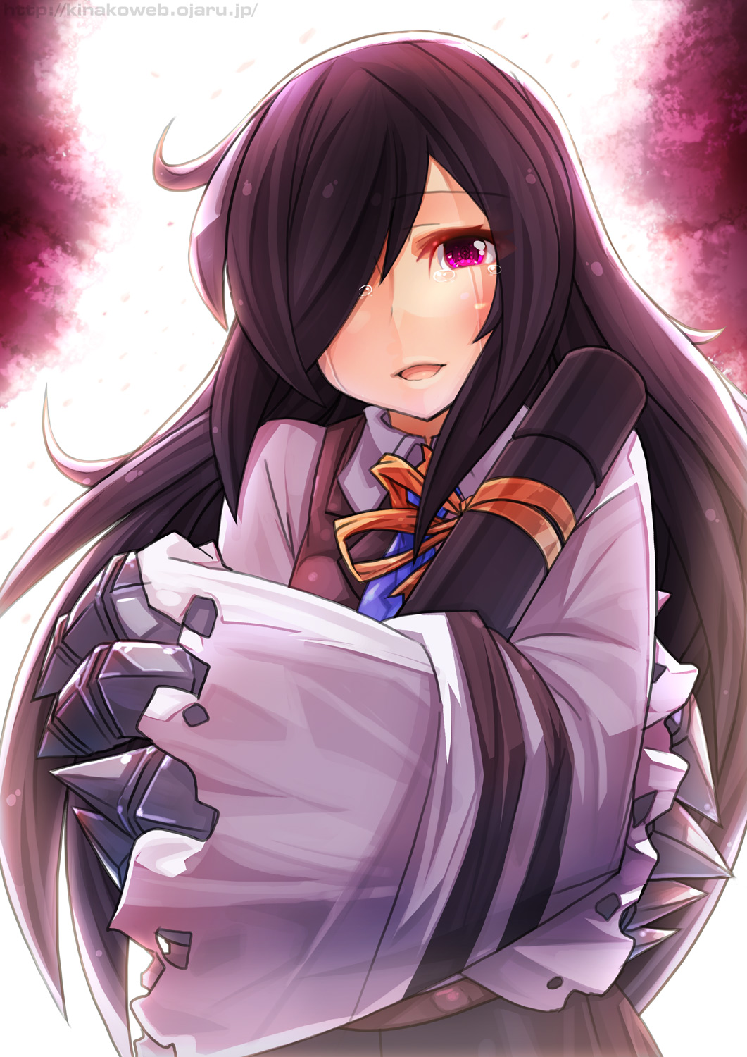 1girl, alicel, bangs, black_hair, blue_necktie, blush, brown_vest, claws, clip_studio_paint_(medium), collared_shirt, commentary_request, cover, cover_page, cowlick, cylinder, doujin_cover, graduation, hair_over_one_eye, highres, long_hair, long_sleeves, looking_at_viewer, necktie, ooyama_kina, open_mouth, pink_eyes, ragnarok_online, red_eyes, shirt, smile, solo, textless_version, upper_body, vest, white_shirt, wide_sleeves