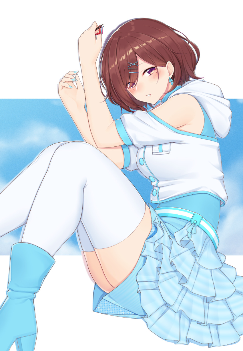 1girl, blue_footwear, blue_nails, blue_skirt, boots, brown_hair, earrings, frilled_skirt
