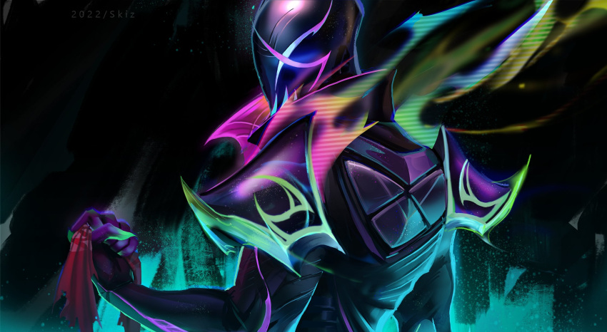 1boy, armor, black_background, clenched_hand, colorful, empyrean_pyke, from_side, green_background