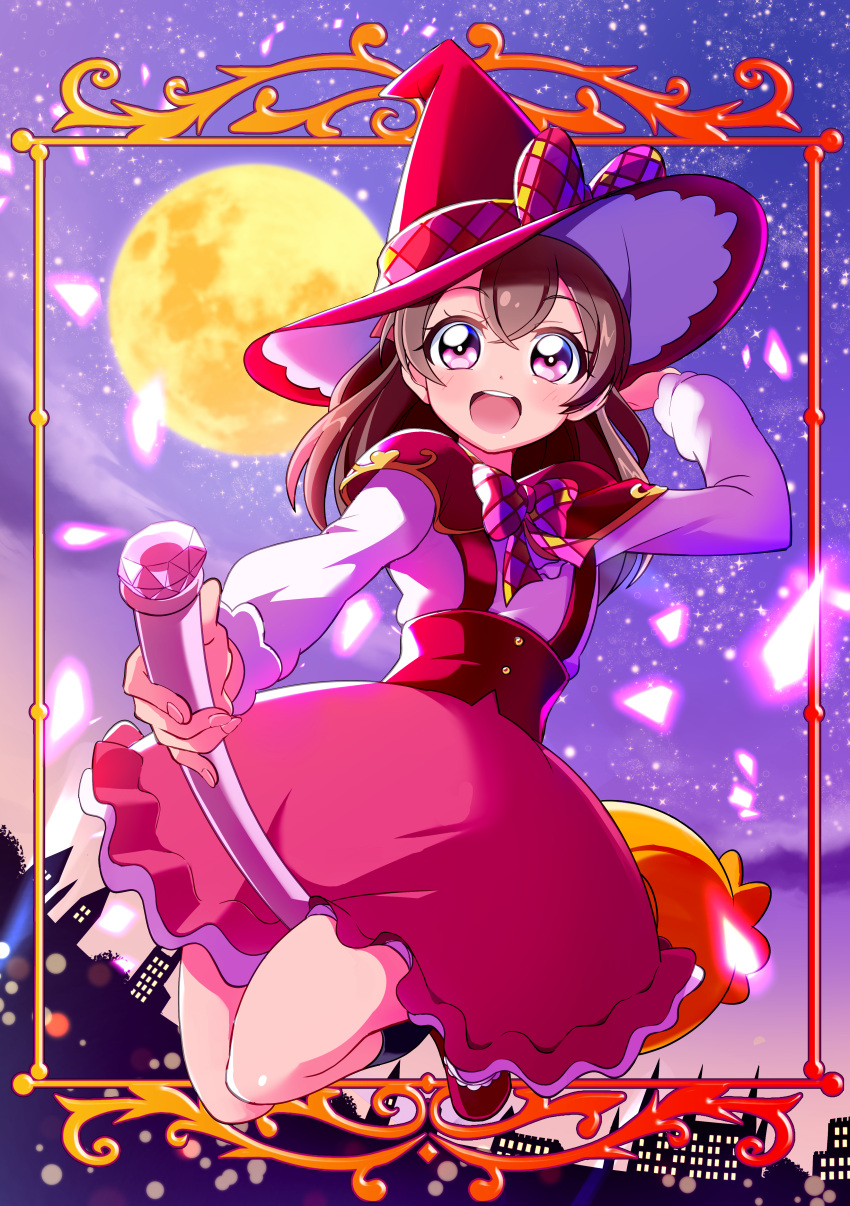 1girl, absurdres, alternate_costume, bow, broom, broom_riding, brown_hair, building, city, city_lights, delicious_party_precure, full_moon, halloween, hat, hat_bow, highres, magic_school_uniform, mahou_girls_precure!, medium_hair, moon, nagomi_yui, night, night_sky, pink_skirt, precure, school_uniform, shirt, skirt, sky, solo, suspender_skirt, suspenders, tirofinire, violet_eyes, white_shirt, witch, witch_hat