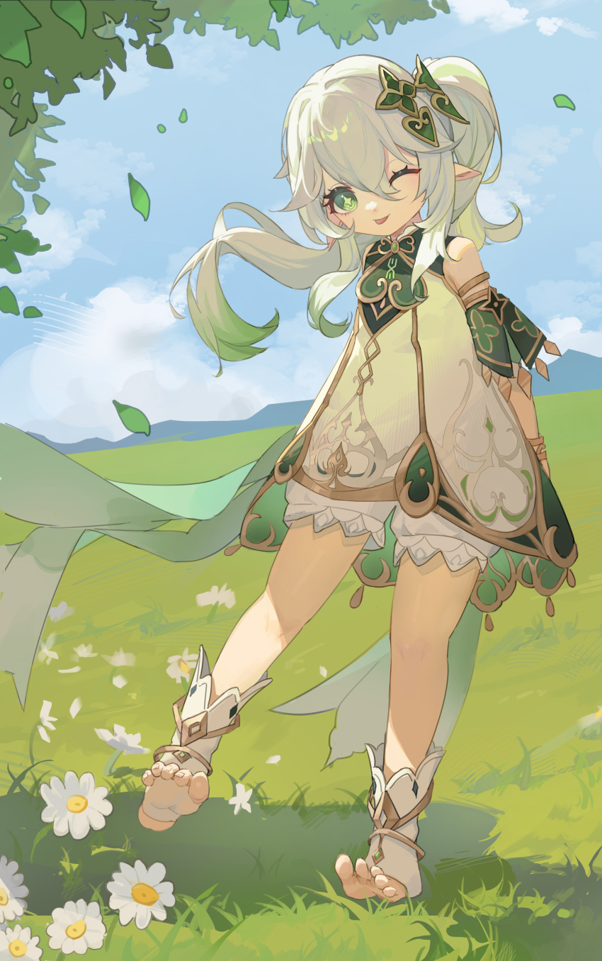 1girl, absurdres, armlet, arms_behind_back, bare_shoulders, clouds, flower, genshin_impact