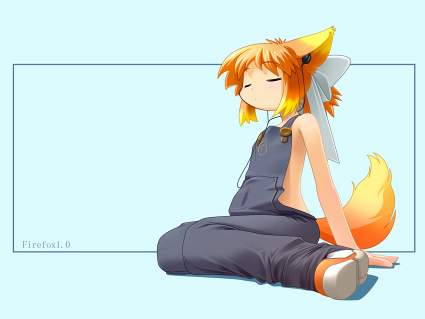 1girl, animal_ears, blush, bowtie, digital_media_player, firefox, flat_chest, fox_ears